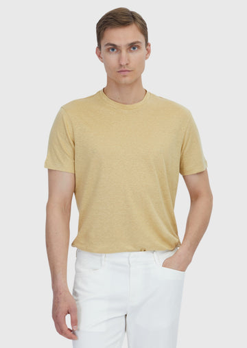 Safran Düz Bisiklet Yaka %100 Keten T-Shirt