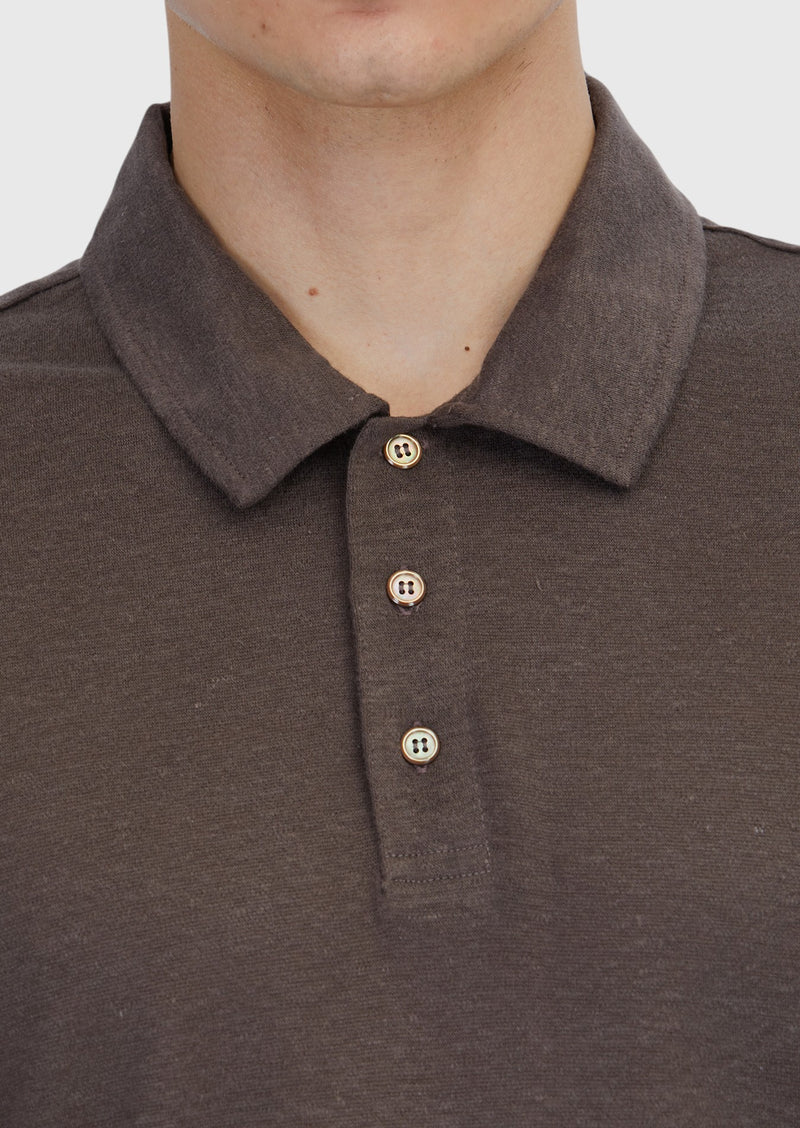 Kahverengi Düz Polo Yaka %100 Keten T-Shirt
