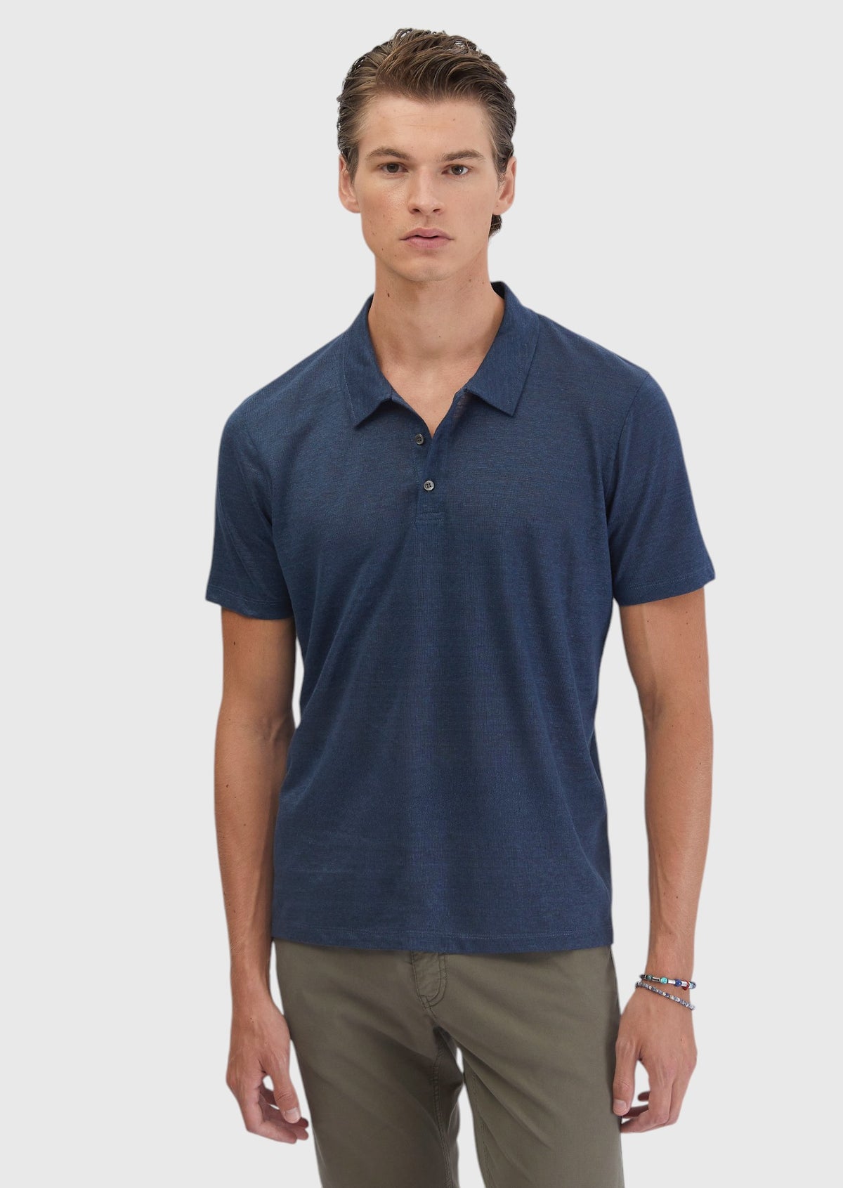 Lacivert Düz Polo Yaka %100 Keten T-Shirt