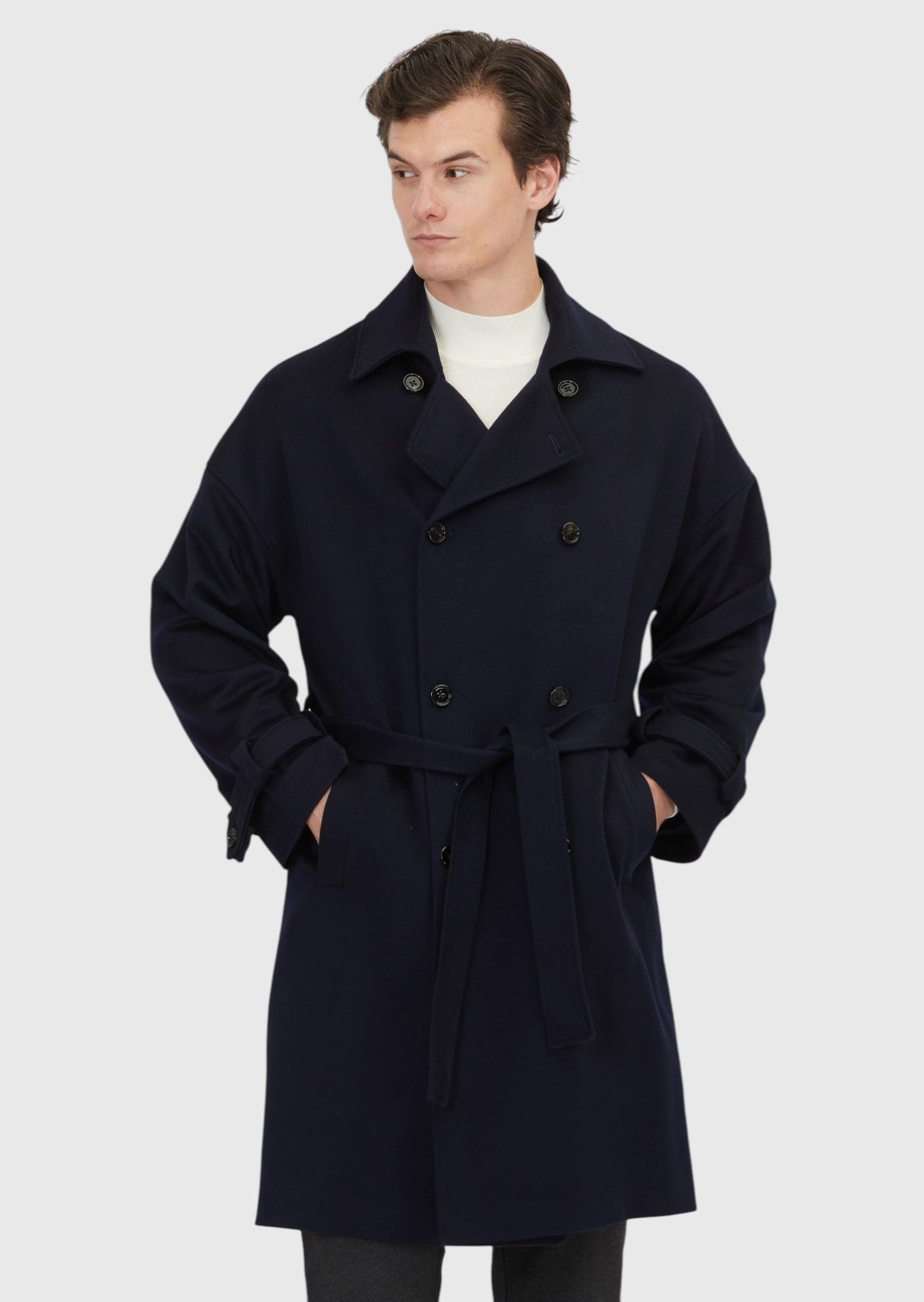 Lacivert Oversize Fit Kruvaze Yaka Casual Dokuma Palto