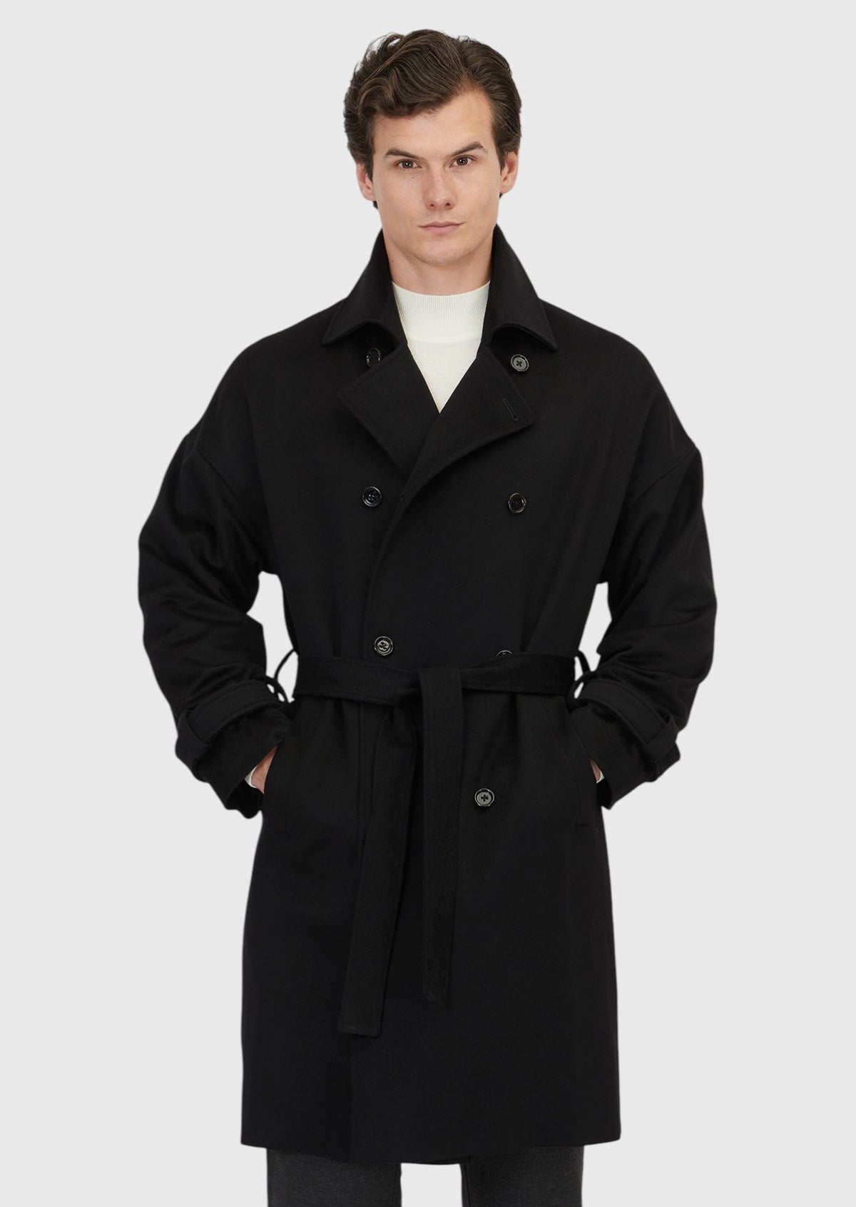 Siyah Oversize Fit Kruvaze Yaka Casual Dokuma Palto