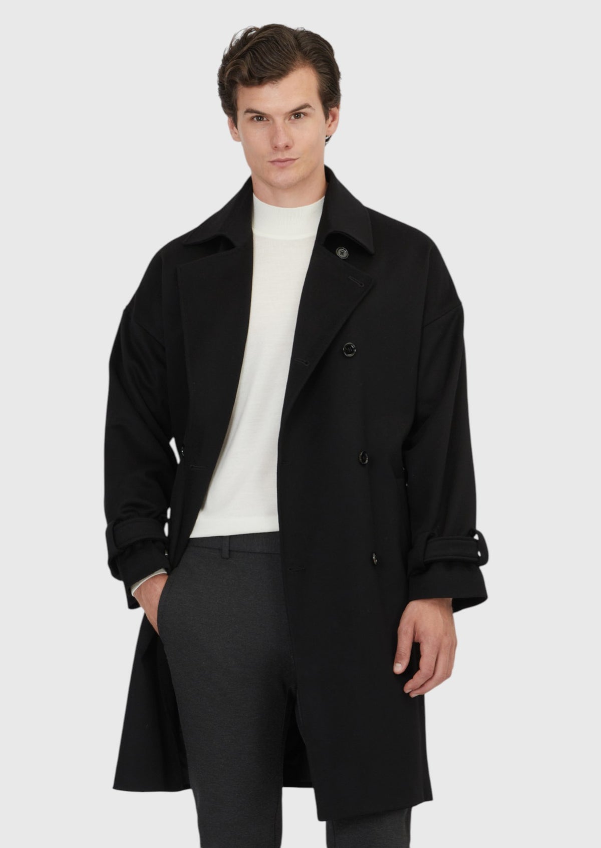 Siyah Oversize Fit Kruvaze Yaka Casual Dokuma Palto
