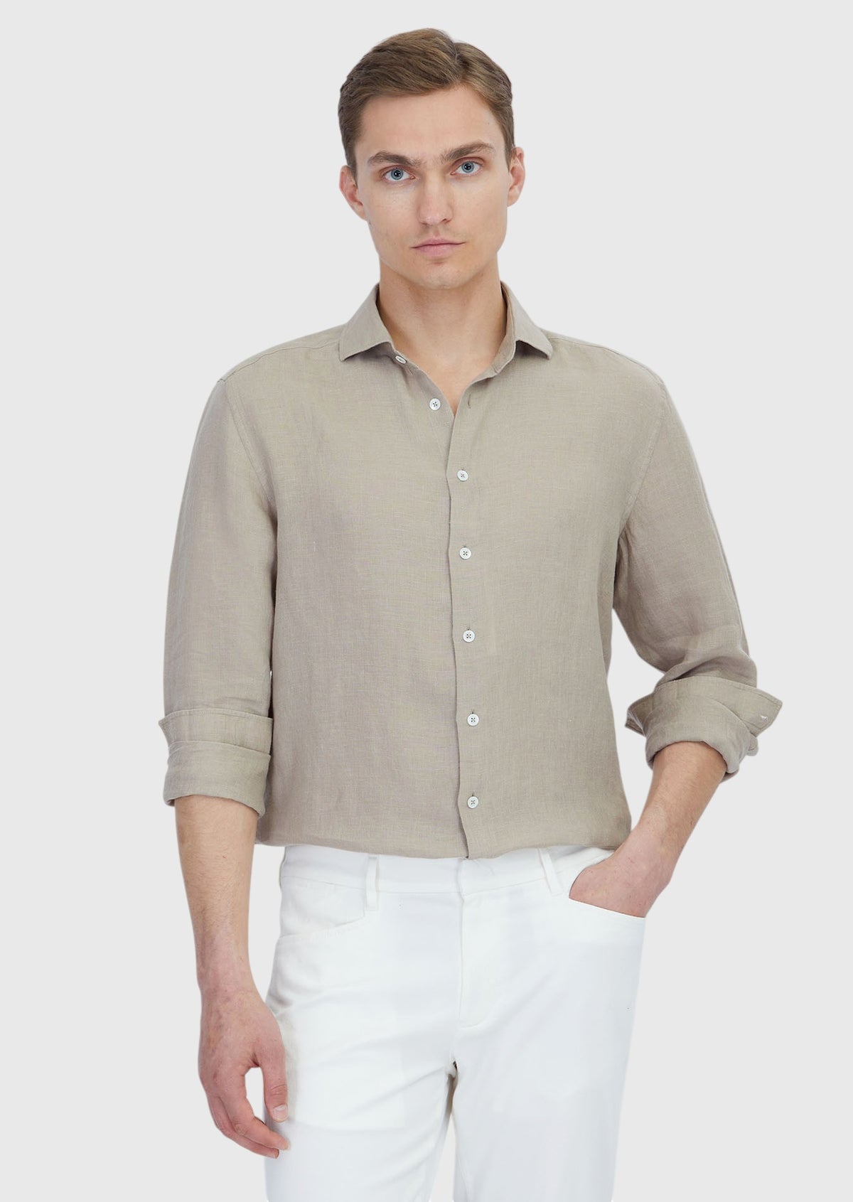 Vizon Düz Casual Fit Uzun Dokuma Casual %100 Keten Gömlek