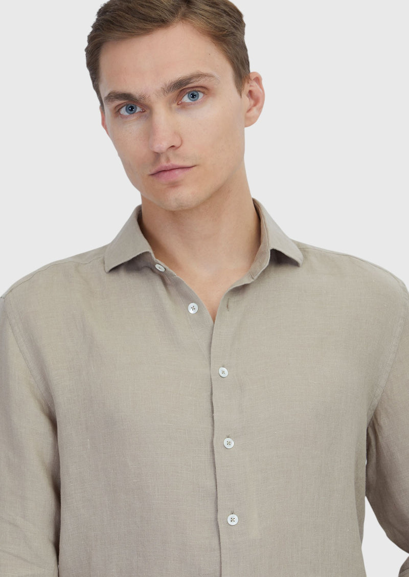 Vizon Düz Casual Fit Uzun Dokuma Casual %100 Keten Gömlek