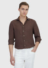 Kahverengi Düz Casual Fit Uzun Dokuma Casual %100 Keten Gömlek