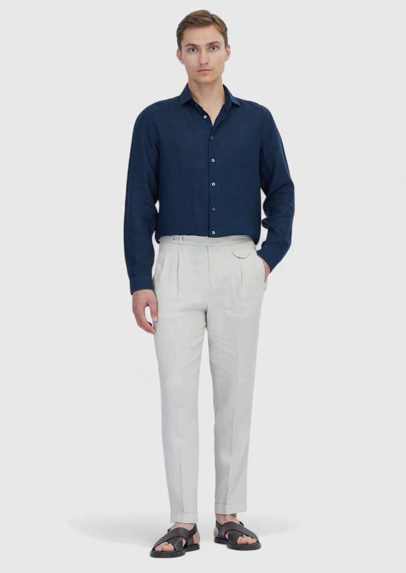 Lacivert Düz Casual Fit Uzun Dokuma Casual %100 Keten Gömlek