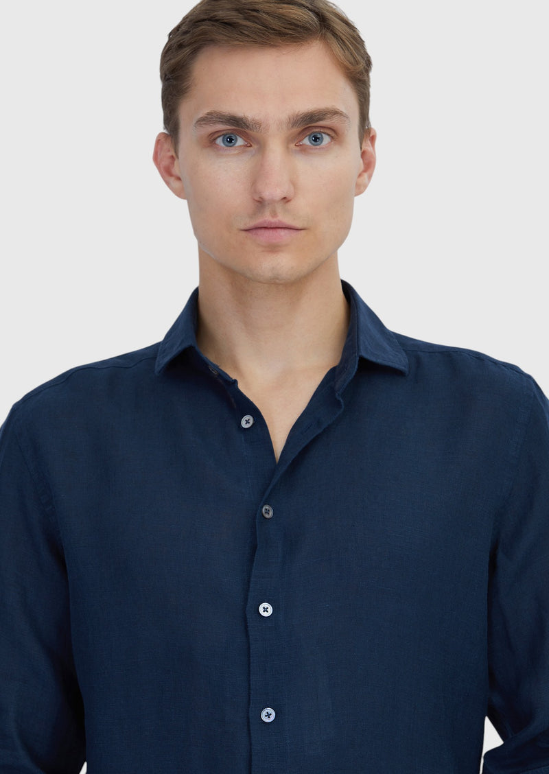 Lacivert Düz Casual Fit Uzun Dokuma Casual %100 Keten Gömlek