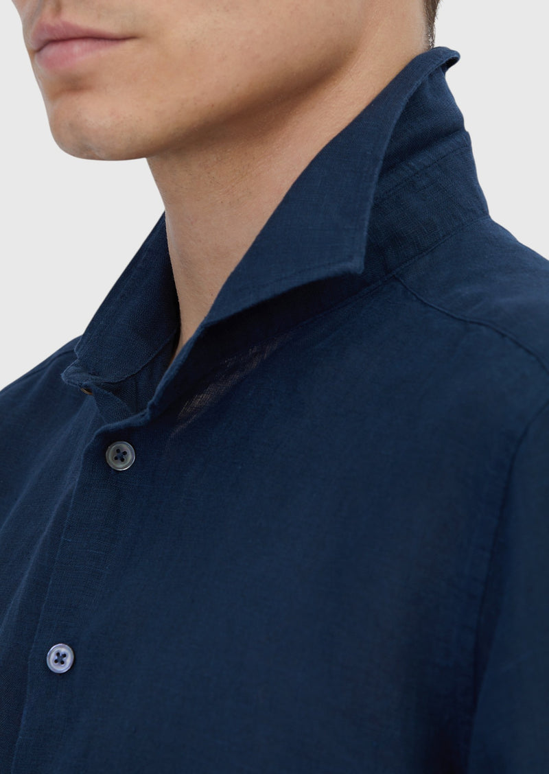 Lacivert Düz Casual Fit Uzun Dokuma Casual %100 Keten Gömlek