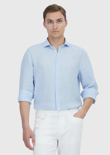 Mavi Düz Casual Fit Uzun Dokuma Casual %100 Keten Gömlek