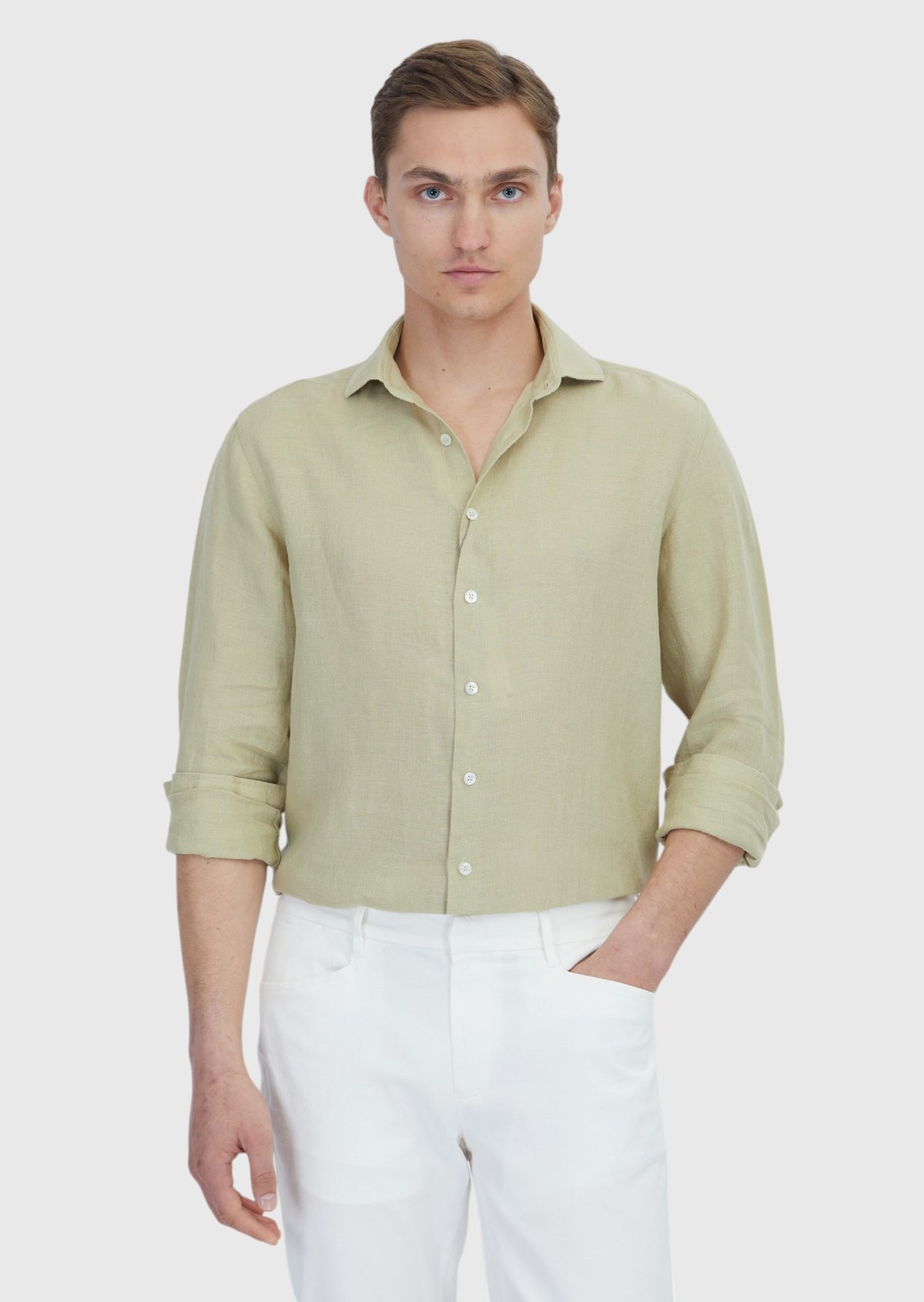 Açık Yeşil Düz Casual Fit Uzun Dokuma Casual %100 Keten Gömlek