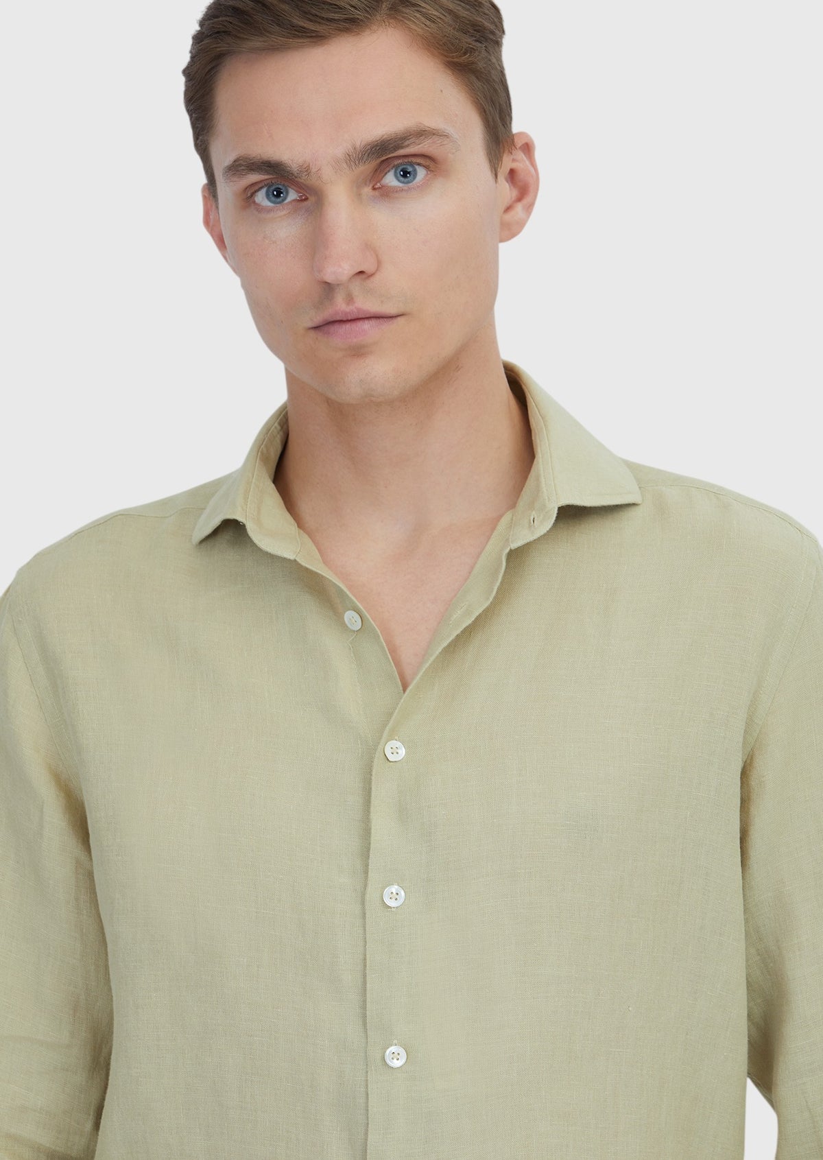 Açık Yeşil Düz Casual Fit Uzun Dokuma Casual %100 Keten Gömlek