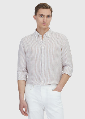 Kiremit Çizgili Casual Fit Uzun Dokuma Casual %100 Keten Gömlek