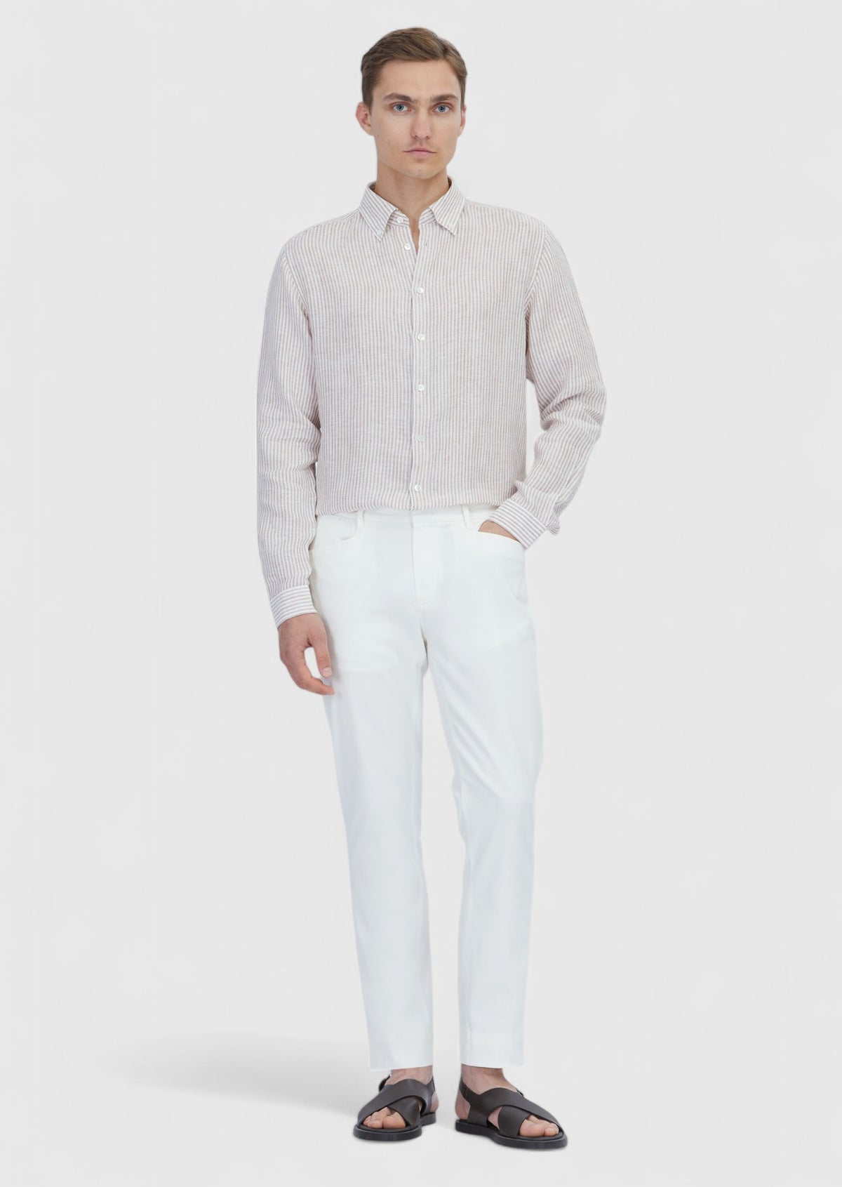 Kiremit Çizgili Casual Fit Uzun Dokuma Casual %100 Keten Gömlek