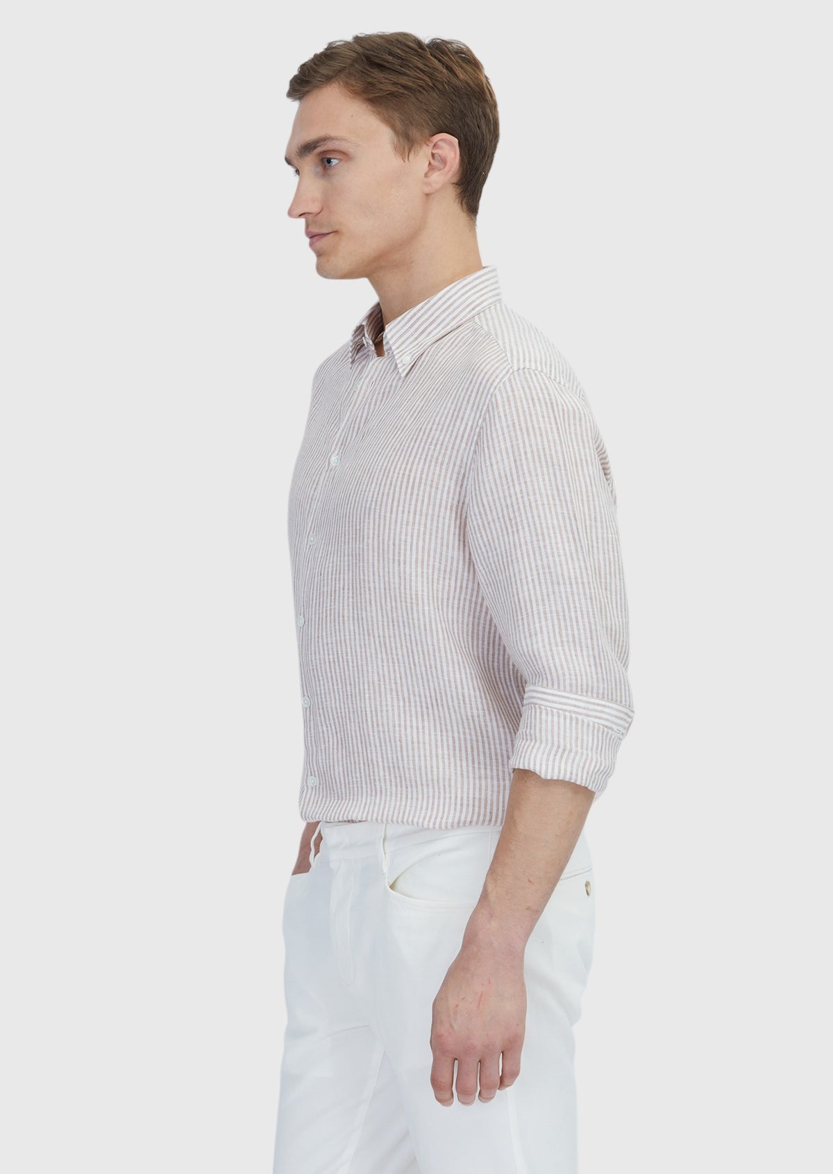 Kiremit Çizgili Casual Fit Uzun Dokuma Casual %100 Keten Gömlek
