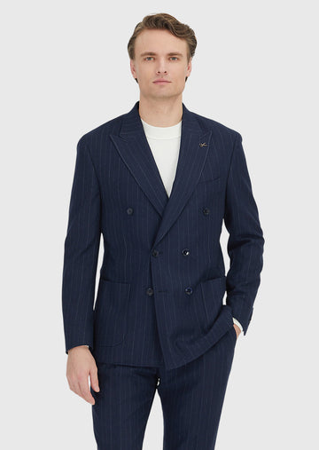 Lacivert Çizgili Shirt Shoulder Slim Fit Yün Karışımlı Ceket