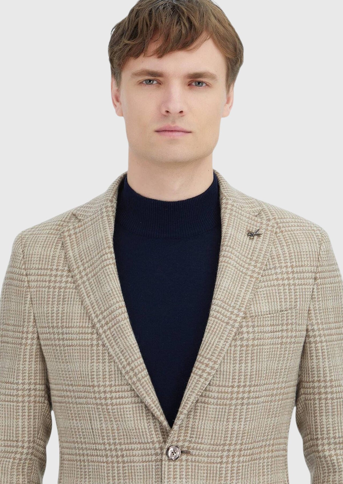 Bej Kareli Shirt Shoulder Slim Fit Yün Karışımlı Ceket