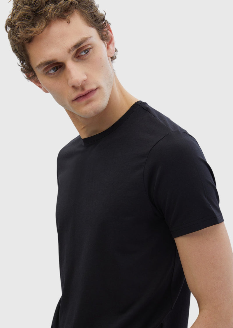 Siyah Düz Bisiklet Yaka Pamuk Karışımlı T-Shirt