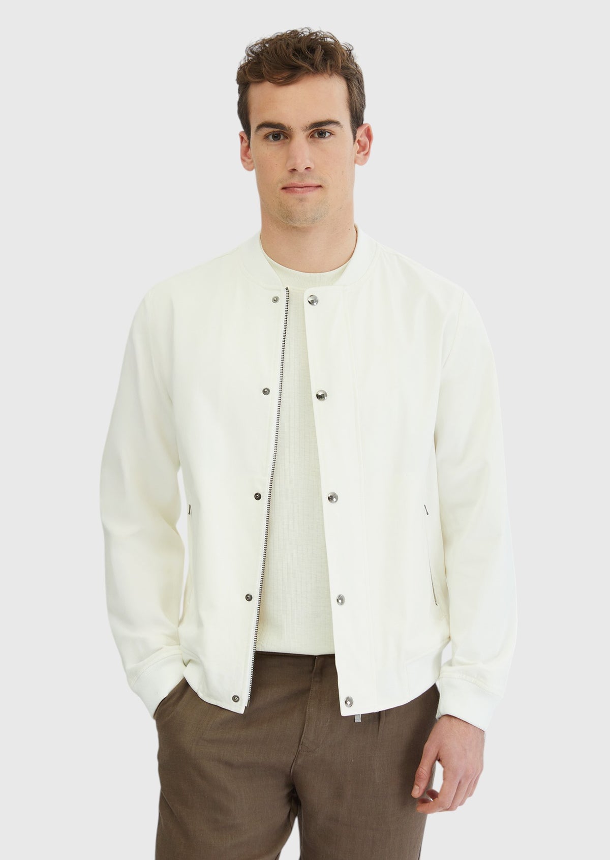Ekru Regular Fit Dik Yaka Dokuma Mont