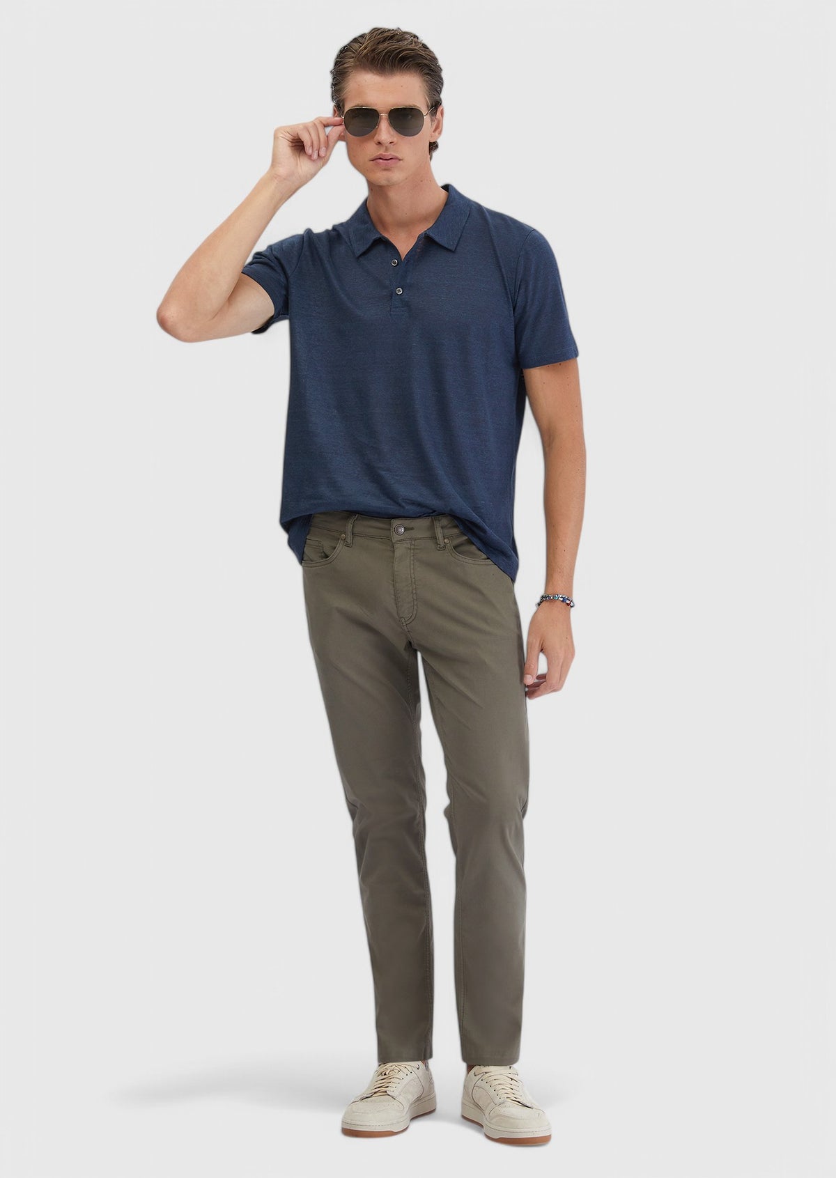 Haki Düz Dokuma Slim Fit Casual Pamuk Karışımlı Pantolon
