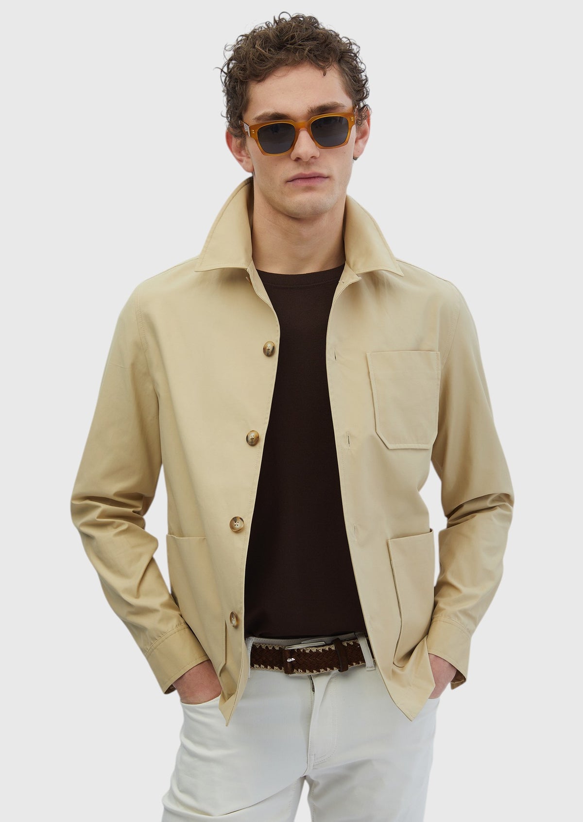 Bej Düz Regular Fit Uzun Dokuma Pamuk Karışımlı Overshirt