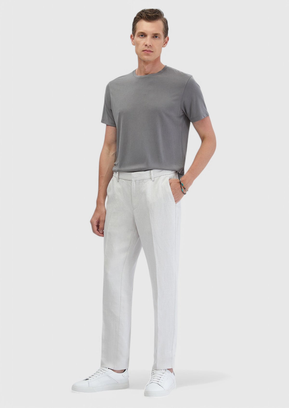 Kum Düz Dokuma Jogging Fit Casual Keten Karışımlı Pantolon