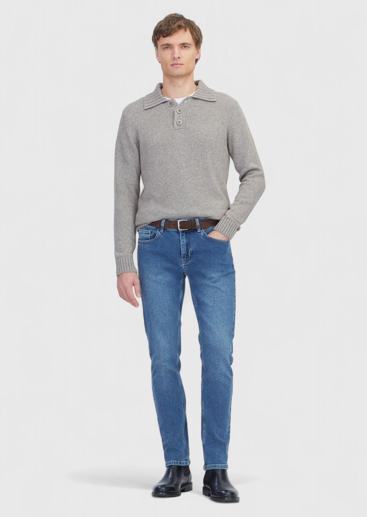Blue Slim Fit Denim Cotton Blended Trousers