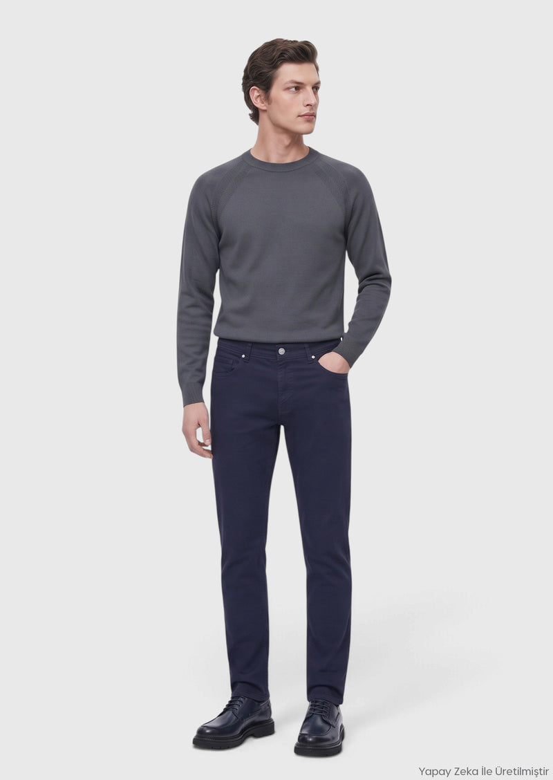 Lacivert Dokuma Slim Fit Casual Pamuk Karışımlı Pantolon