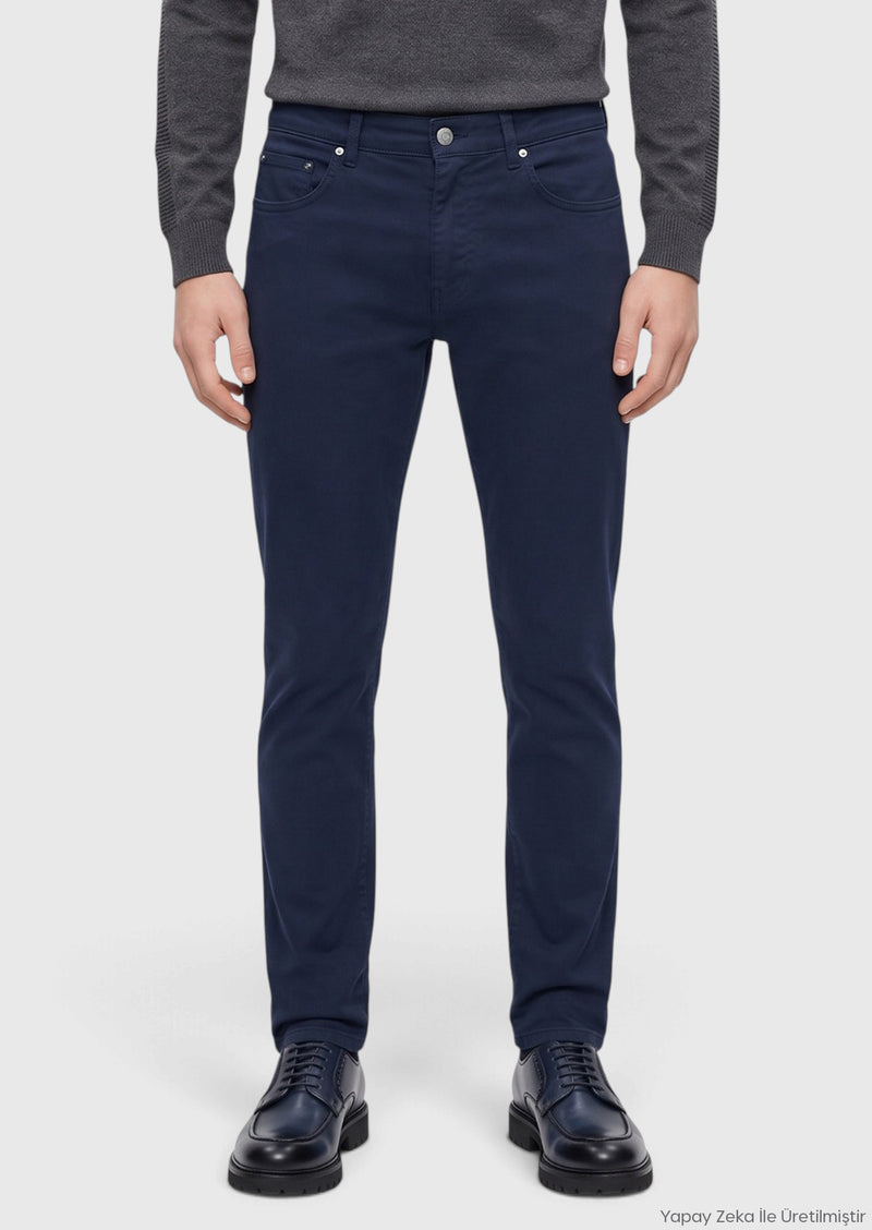 Lacivert Dokuma Slim Fit Casual Pamuk Karışımlı Pantolon