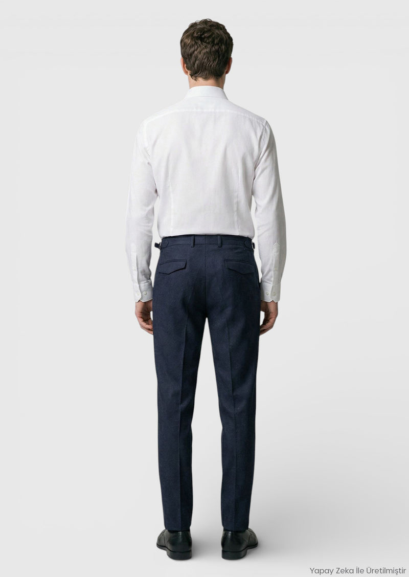 Lacivert Düz Dokuma Carrot Fit Casual Yün Karışımlı Pantolon