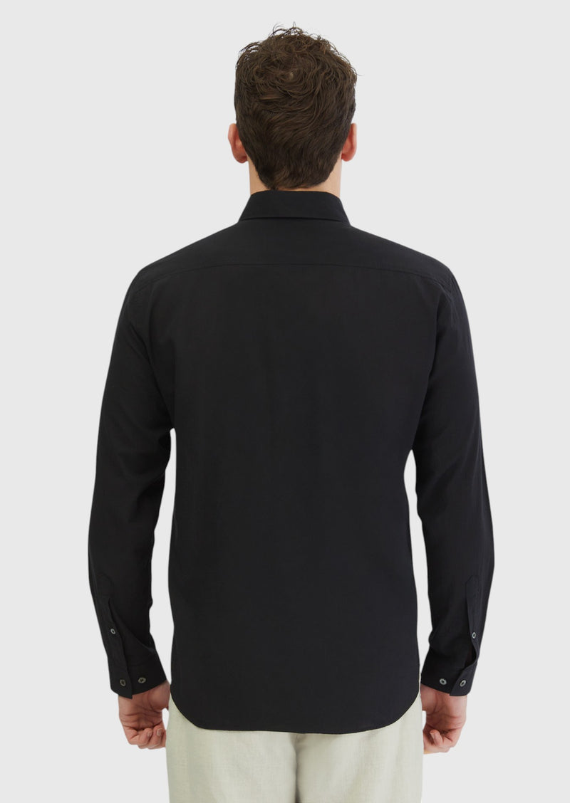 Siyah Düz Casual Fit Uzun Dokuma Casual %100 Pamuk Gömlek