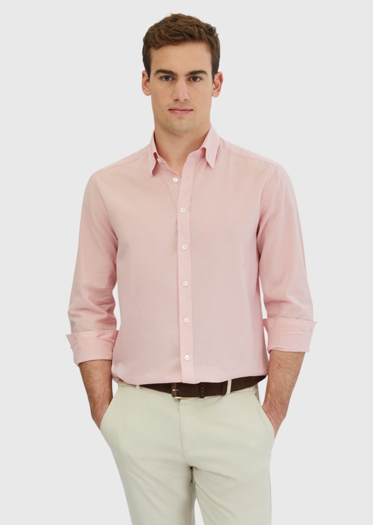 Pembe Düz Casual Fit Uzun Dokuma Casual %100 Pamuk Gömlek