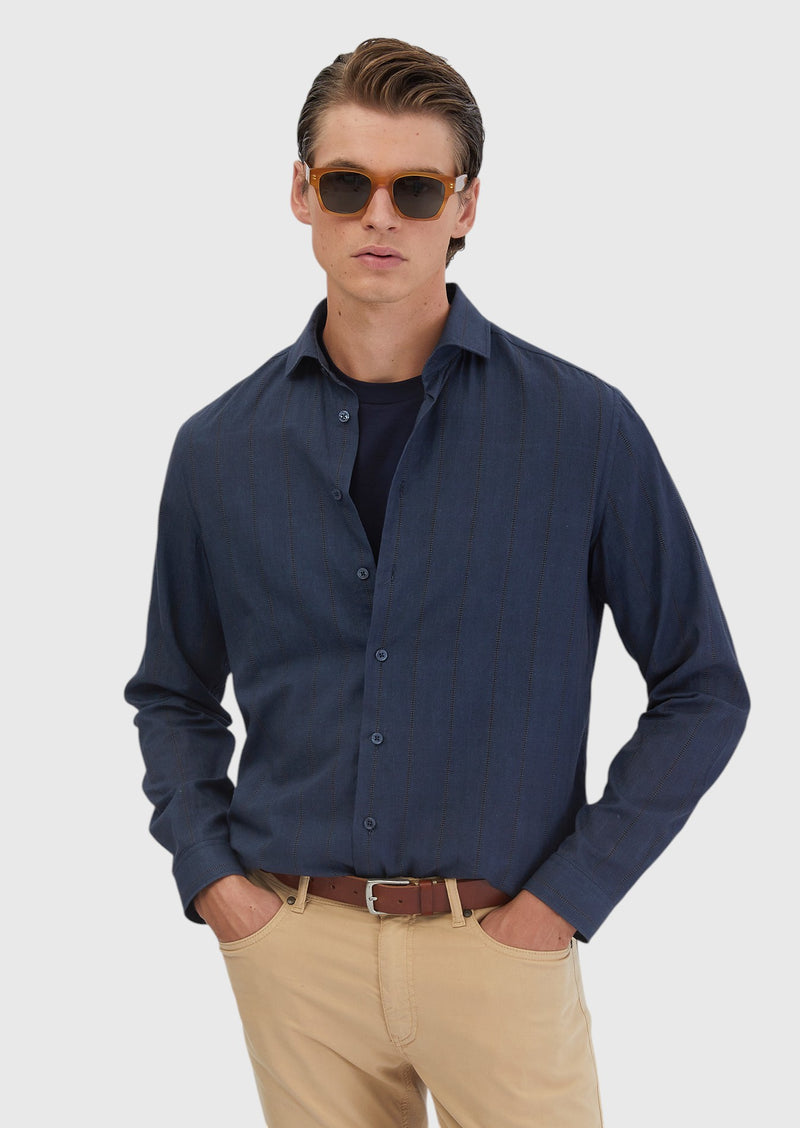 Lacivert Baskılı Casual Fit Uzun Dokuma Casual %100 Pamuk Gömlek