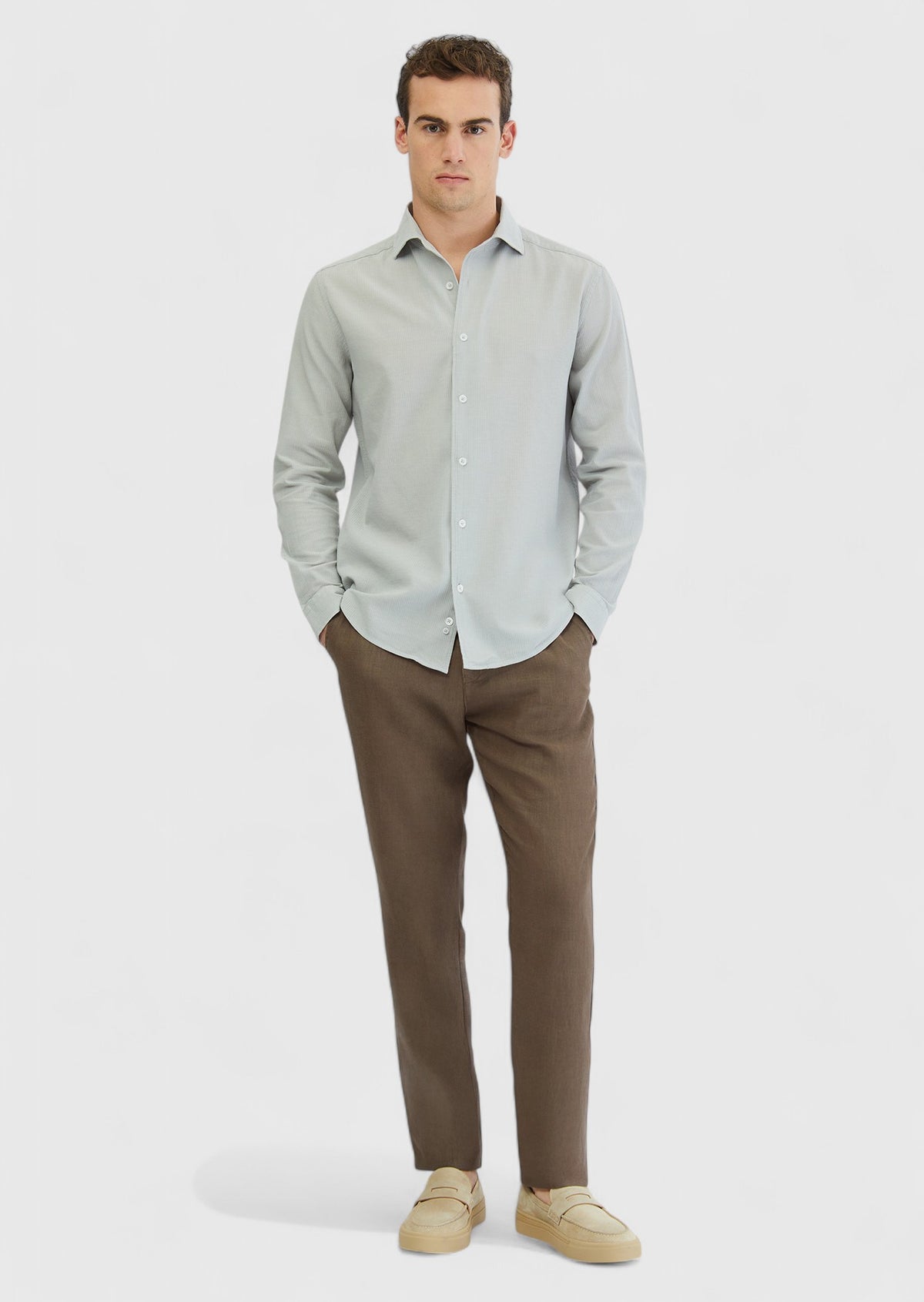 Gri Düz Casual Fit Uzun Dokuma Casual %100 Pamuk Gömlek
