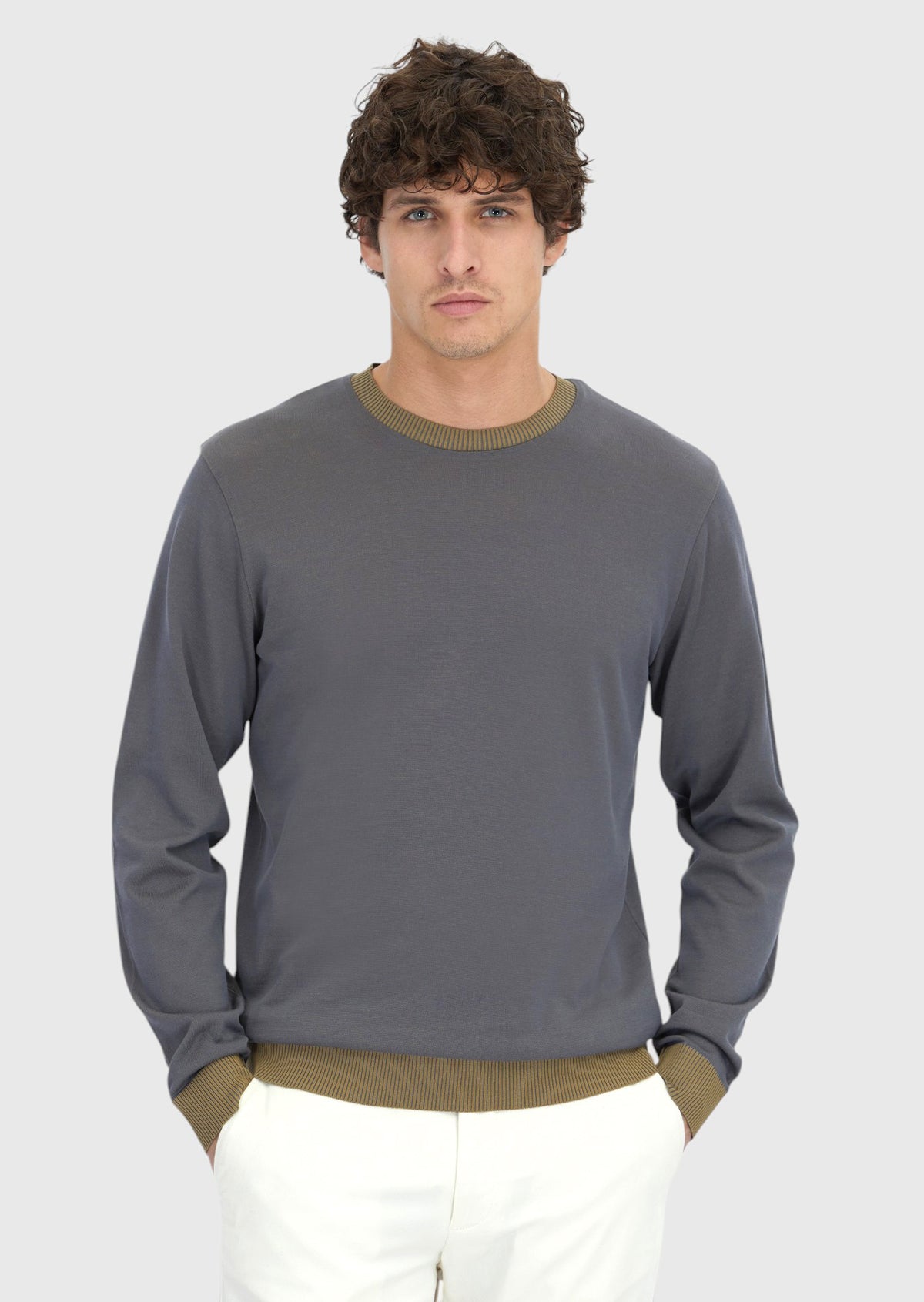 Gri Bisiklet Yaka Düz Sweatshirt