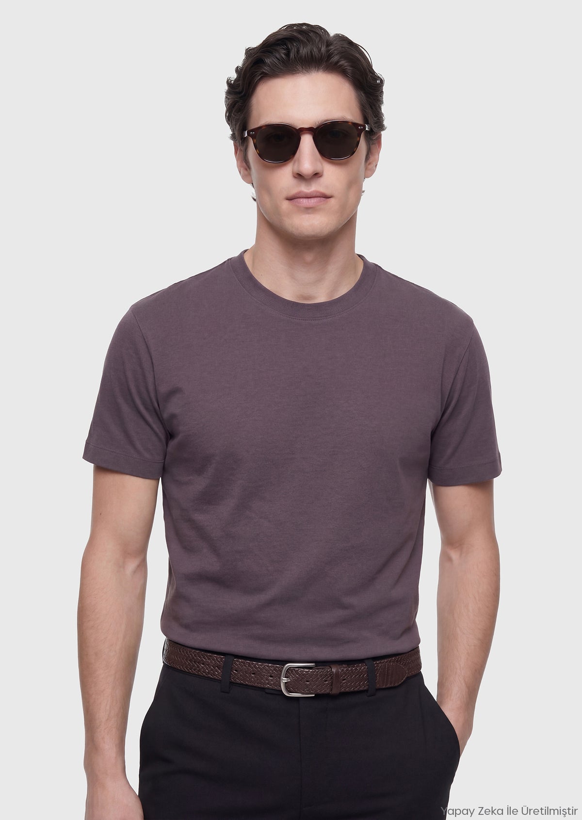 Mürdüm Düz Bisiklet Yaka %100 Pamuk T-Shirt