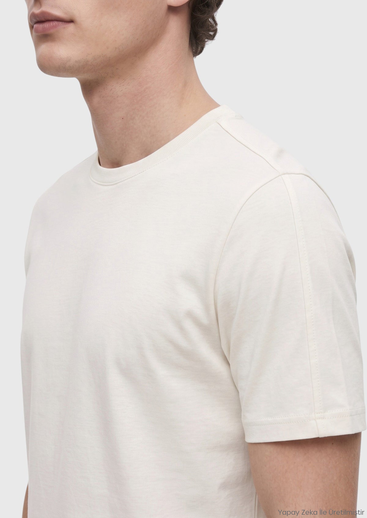 Ekru Düz Bisiklet Yaka T-Shirt