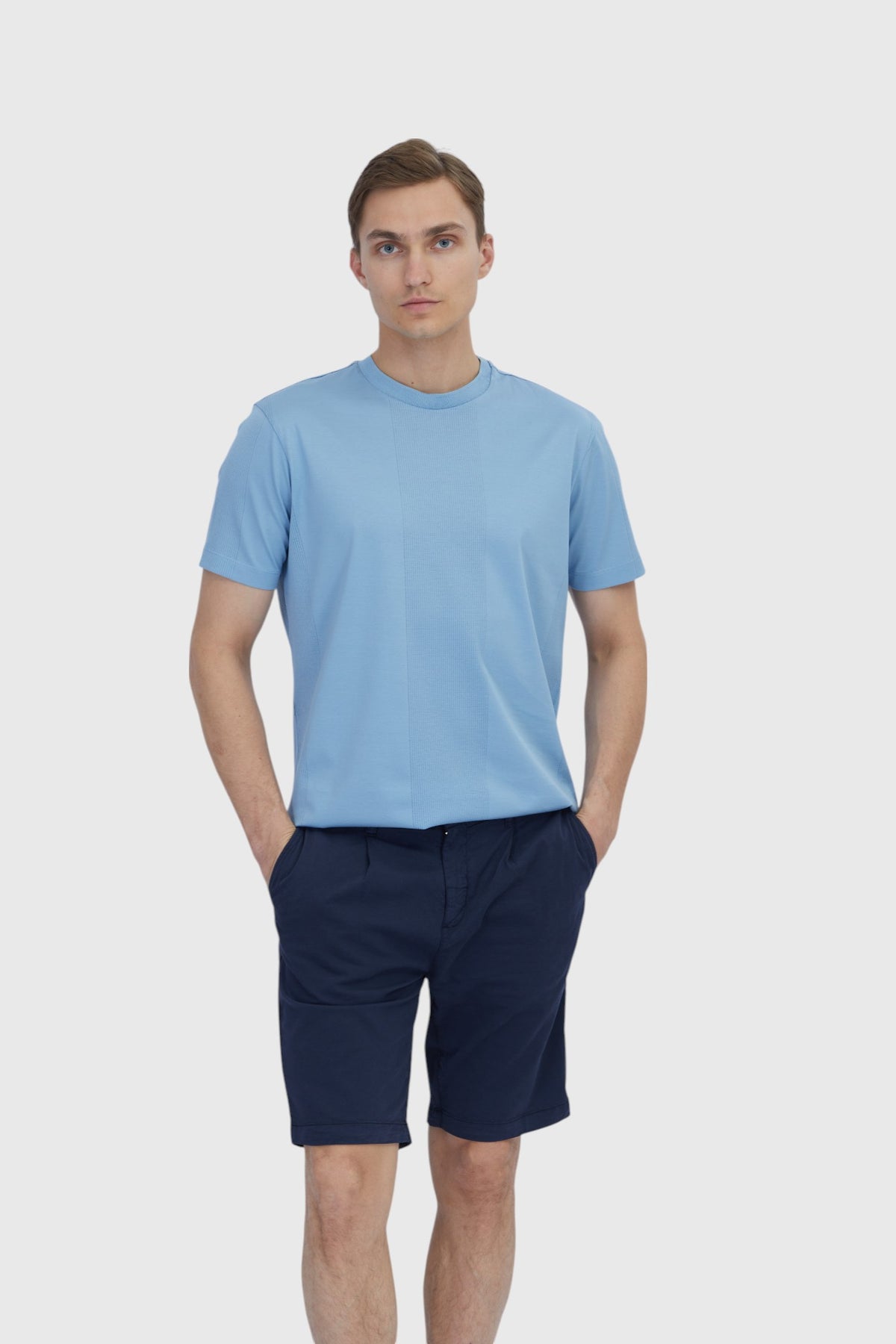 Light Blue Jacquard Crew Neck 100% Cotton T-Shirt