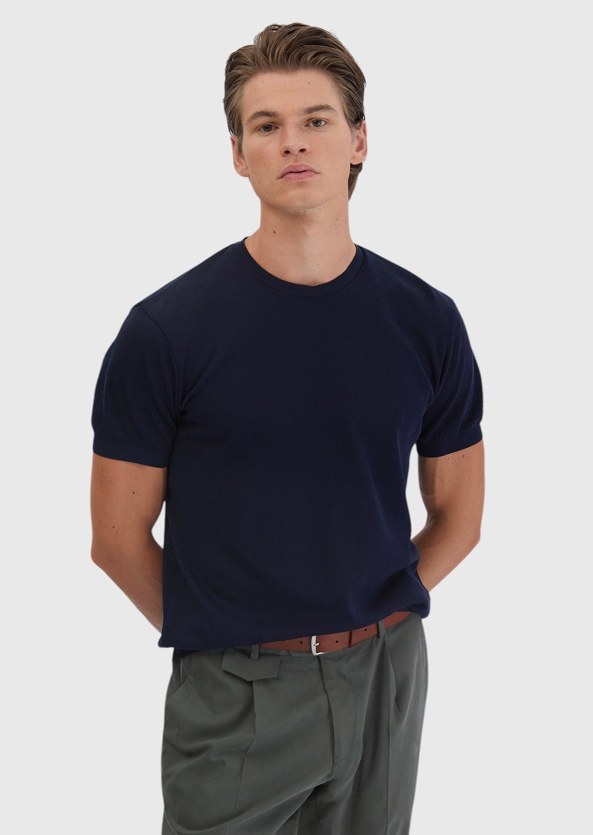 Lacivert Jakarlı Bisiklet Yaka %100 Pamuk T-Shirt