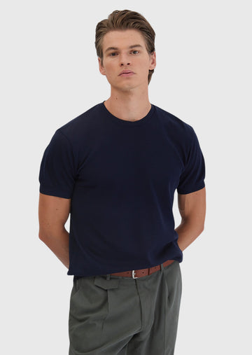 Lacivert Jakarlı Bisiklet Yaka %100 Pamuk T-Shirt