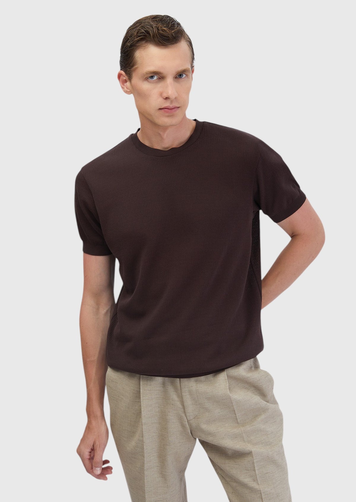 Kahverengi Jakarlı Bisiklet Yaka %100 Pamuk T-Shirt