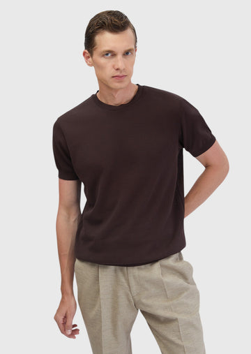 Kahverengi Jakarlı Bisiklet Yaka %100 Pamuk T-Shirt