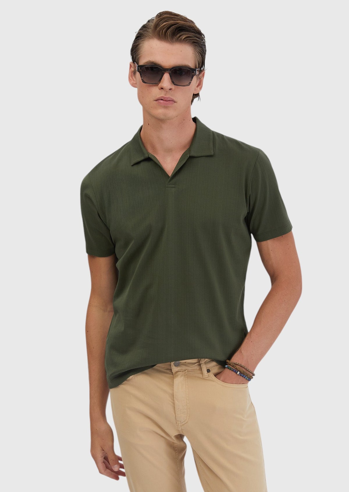 Haki Jakarlı Polo Yaka %100 Pamuk T-Shirt
