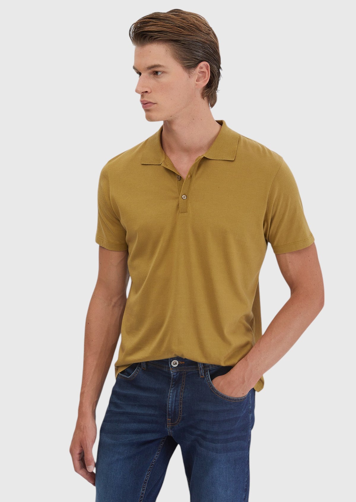 Yağ Yeşili Düz Polo Yaka Pamuk Karışımlı T-Shirt