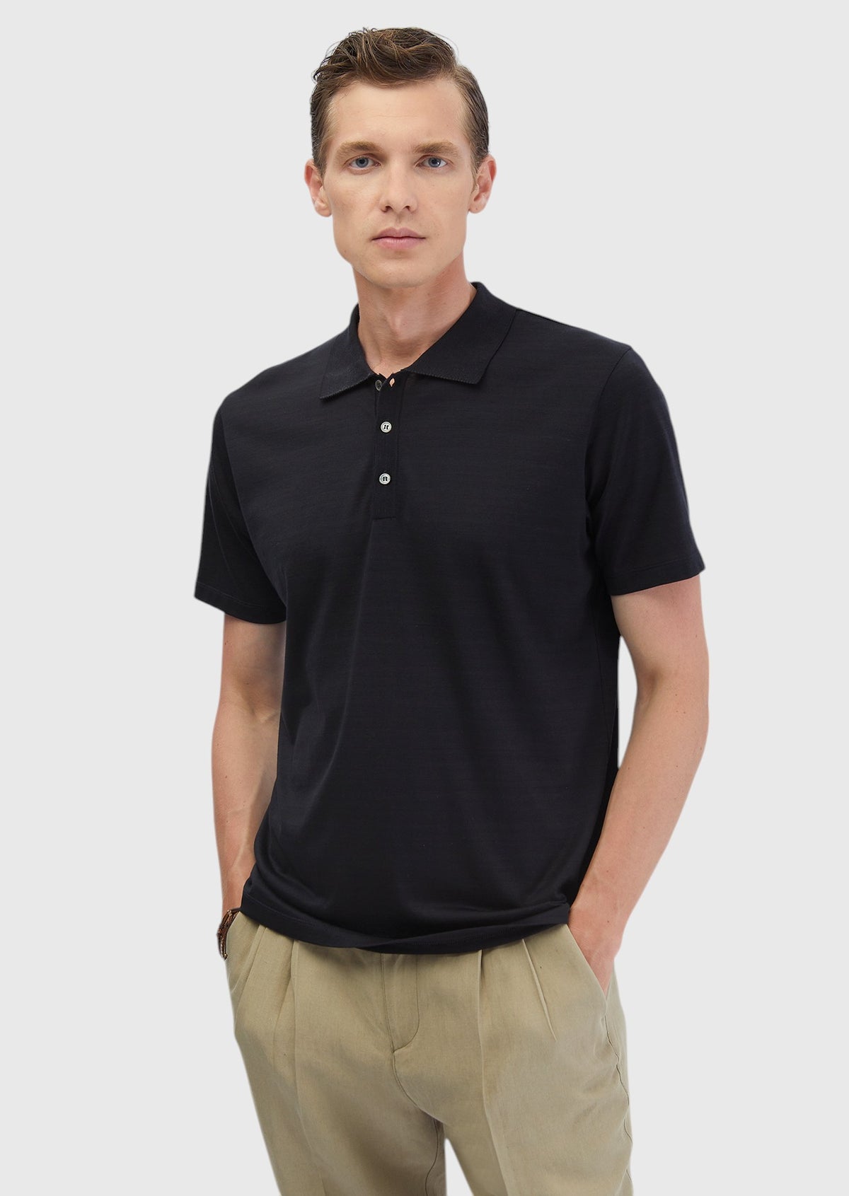 Siyah Düz Polo Yaka Pamuk Karışımlı T-Shirt