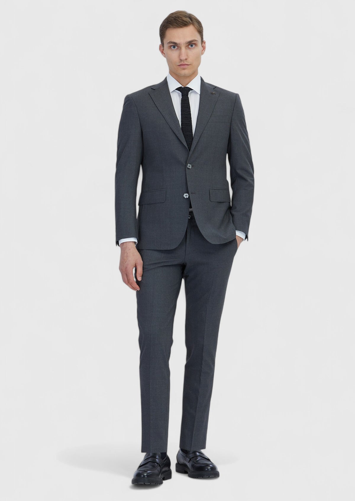 Koyu Gri Mikro Modern Fit Yün Karışımlı Takım Elbise