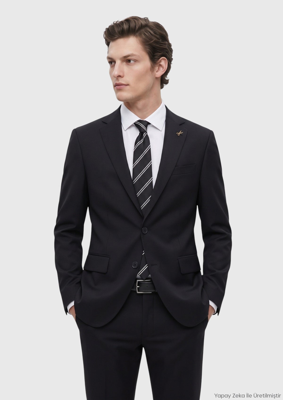 Siyah Düz Modern Fit Yün Karışımlı Takım Elbise
