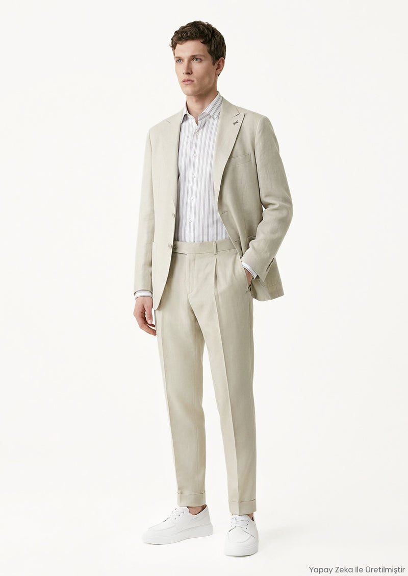 Bej Düz Zeroweight Slim Fit %100 Keten Takım Elbise