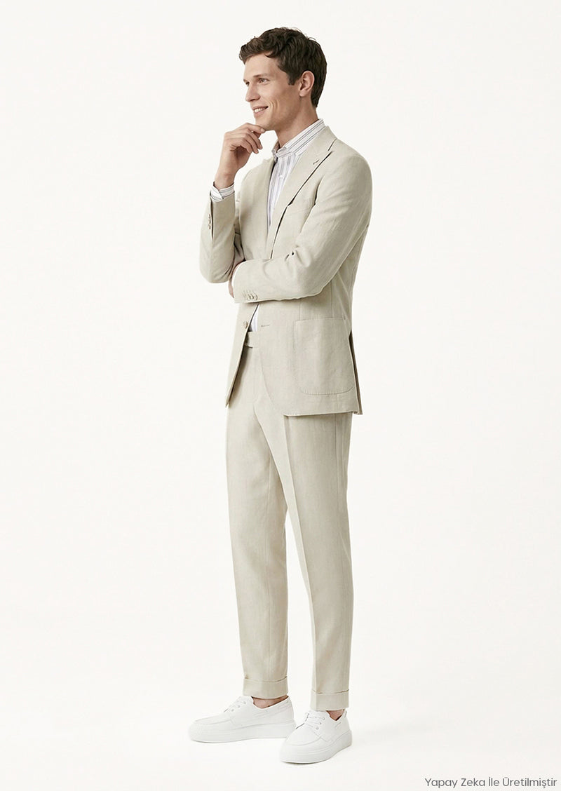 Bej Düz Zeroweight Slim Fit %100 Keten Takım Elbise