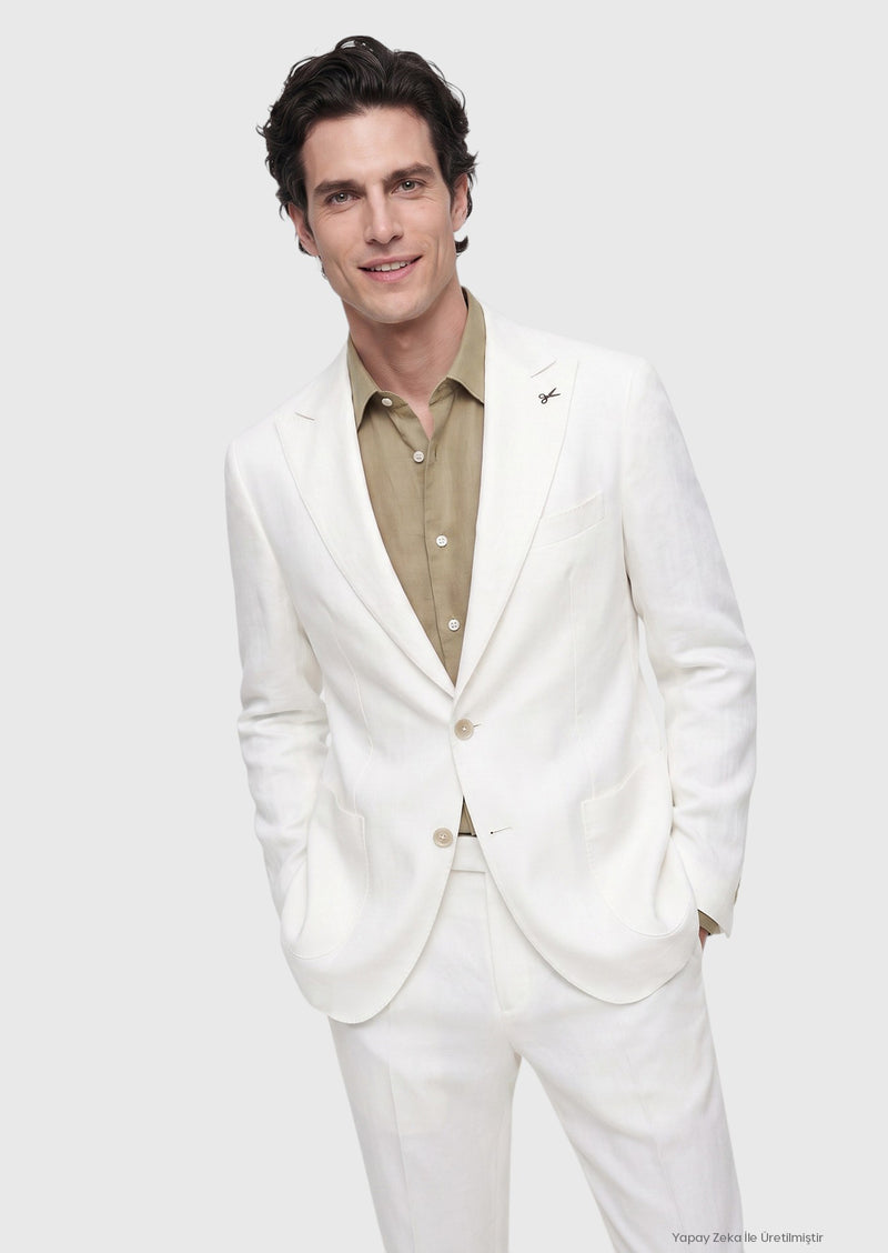 Beyaz Düz Zeroweight Slim Fit %100 Keten Takım Elbise