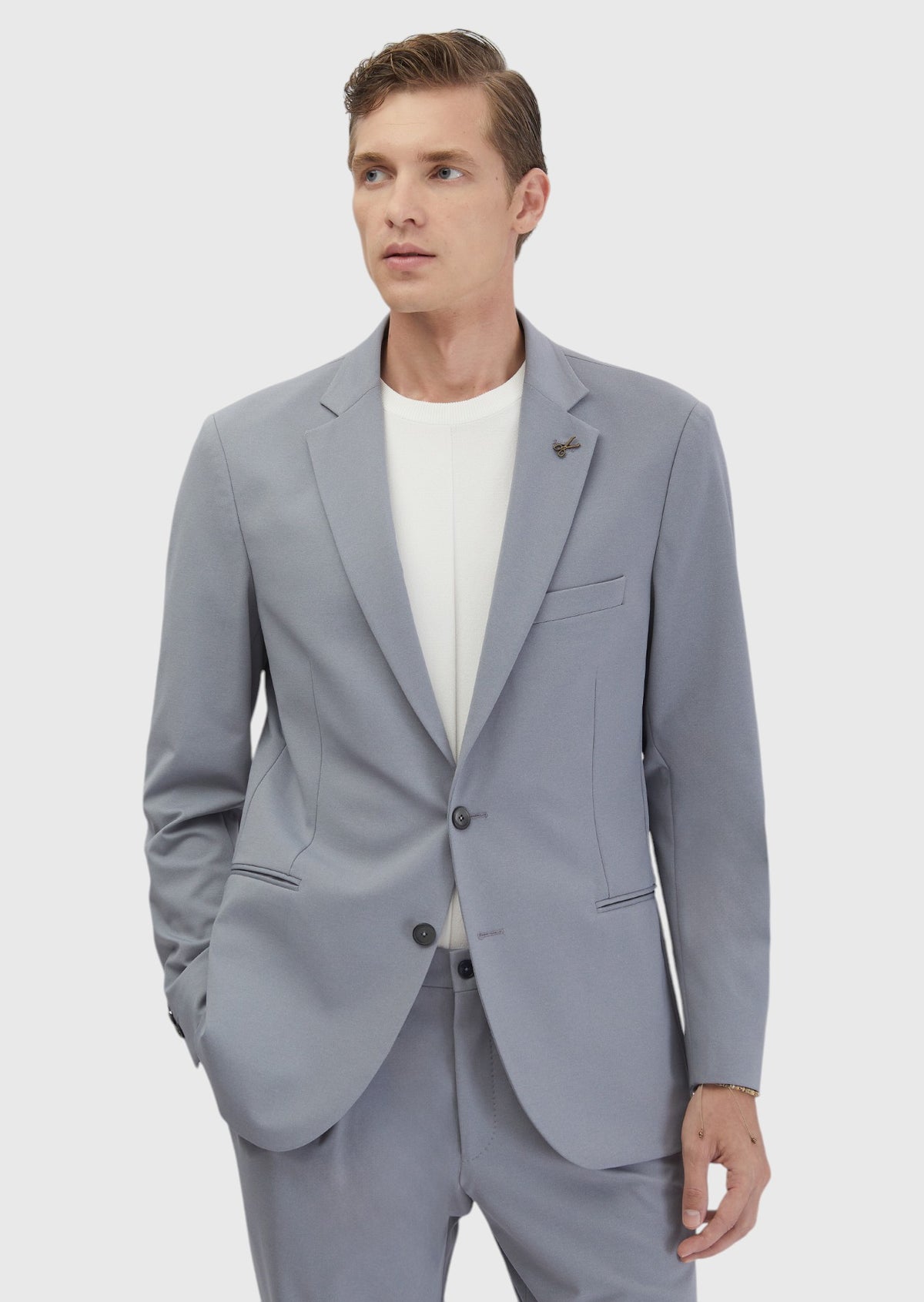 Açık Gri Düz Comfort Fit Örme Takım Elbise